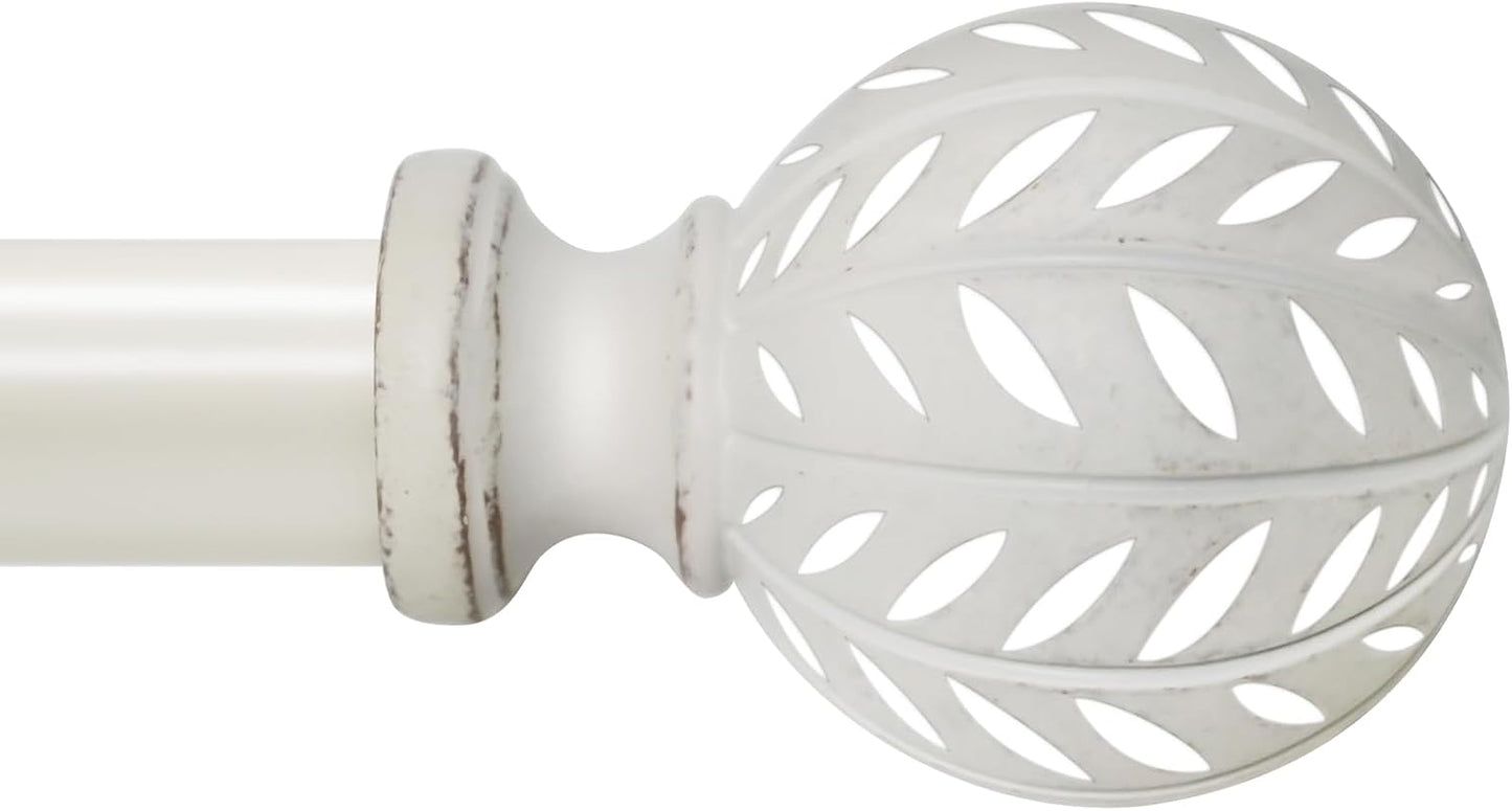 Weathered White Curtain Rod for Windows 28 to 48 Inches(2.3-4 ft)，1'' Diameter Heavy Duty Adjustable Curtain Rod with Leaf Pattern Finials - for Living Room, Bedroom,etc 18-45''
