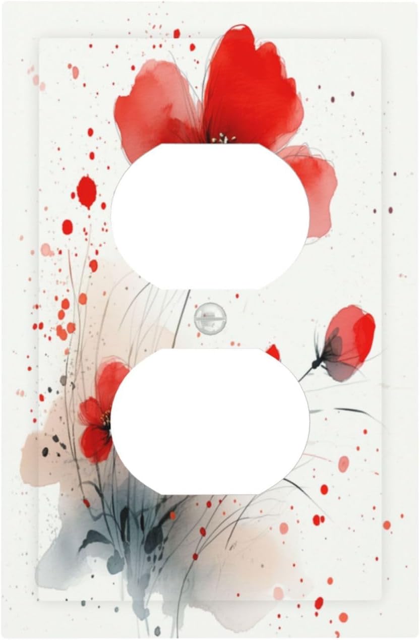 Vintage Watercolor Red Flowers Floral Outlet Covers 1 Gang Duplex Light Switch Cover Wall Plate Decorative Switch Plates Electrical Receptacle Faceplate for Bedroom Bathroom Decor