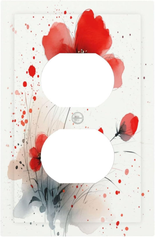 Vintage Watercolor Red Flowers Floral Outlet Covers 1 Gang Duplex Light Switch Cover Wall Plate Decorative Switch Plates Electrical Receptacle Faceplate for Bedroom Bathroom Decor