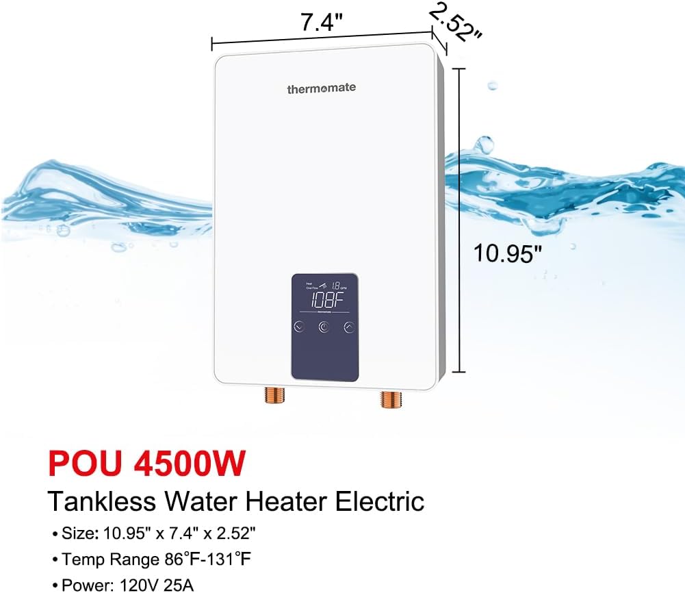 Mini Tankless Water Heater Electric 110V ~ 120V for Sink, ThermoMate 4.5kW 37.5A at 120V Small Point of Use Water Heater CSA Approved, Must HardWird Requiring 10AWG Wire