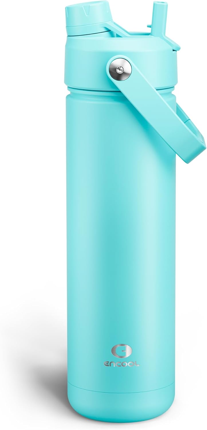 ENCOOL Insulated Water Bottle with Straw Stainless Steel Water Bottle, Leak-Proof, BPA-Free, Double Wall Vacuum Keeps Cold for 24 Hours for Sports, Travel, School (26 oz, Aquamarine Blue)