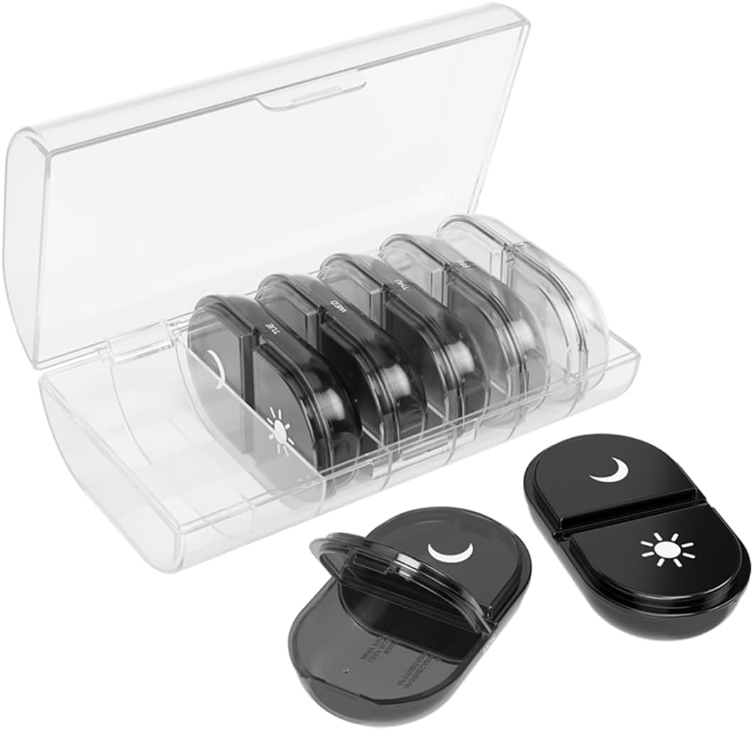 EZY DOSE Weekly (7-Day) Daily Individual AM/PM Pill Organizer with Case, Portable Medication Dispenser, Travel-Friendly Durable Pill Container, 2X Day Compartments for Vitamins and Supplements, Black