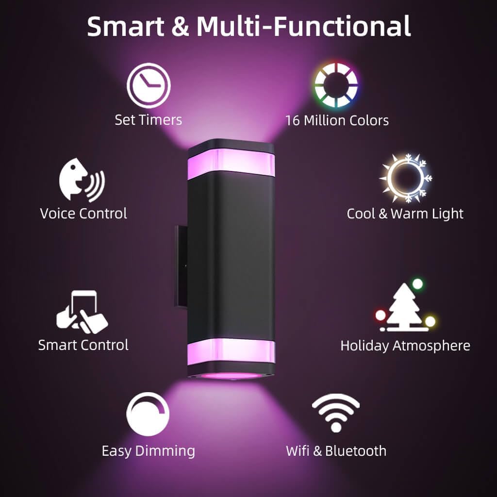SHIMR Smart RGB Outdoor Wall Light, WiFi App Control Color Changing Up Down Exterior Sconce with Dusk to Dawn Sensor, Waterproof LED Wall Mount Light Fixture, Works with Alexa & Google, Black Finish