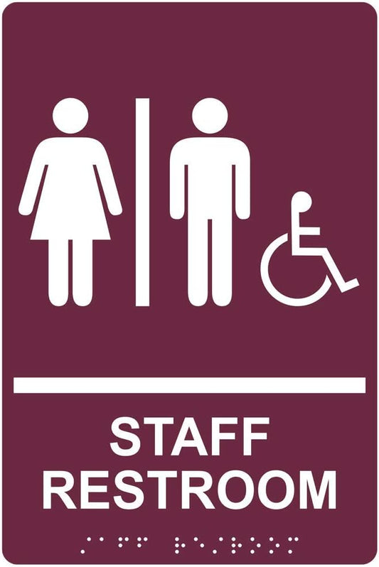 ComplianceSigns.com Staff Restroom Sign with ADA-Compliant Braille and Raised Letters, 9x6 in. Burgundy Acrylic with Adhesive Mounting Strips