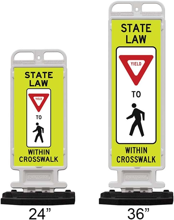 Plasticade Crosscade Crosswalk Sign, 24" Vertical Panel with 12x24 State Law Yield To Pedestrians Sign, Impact-Resistant Rubber Base, Diamond Grade Reflective Background and HIP Sheeting