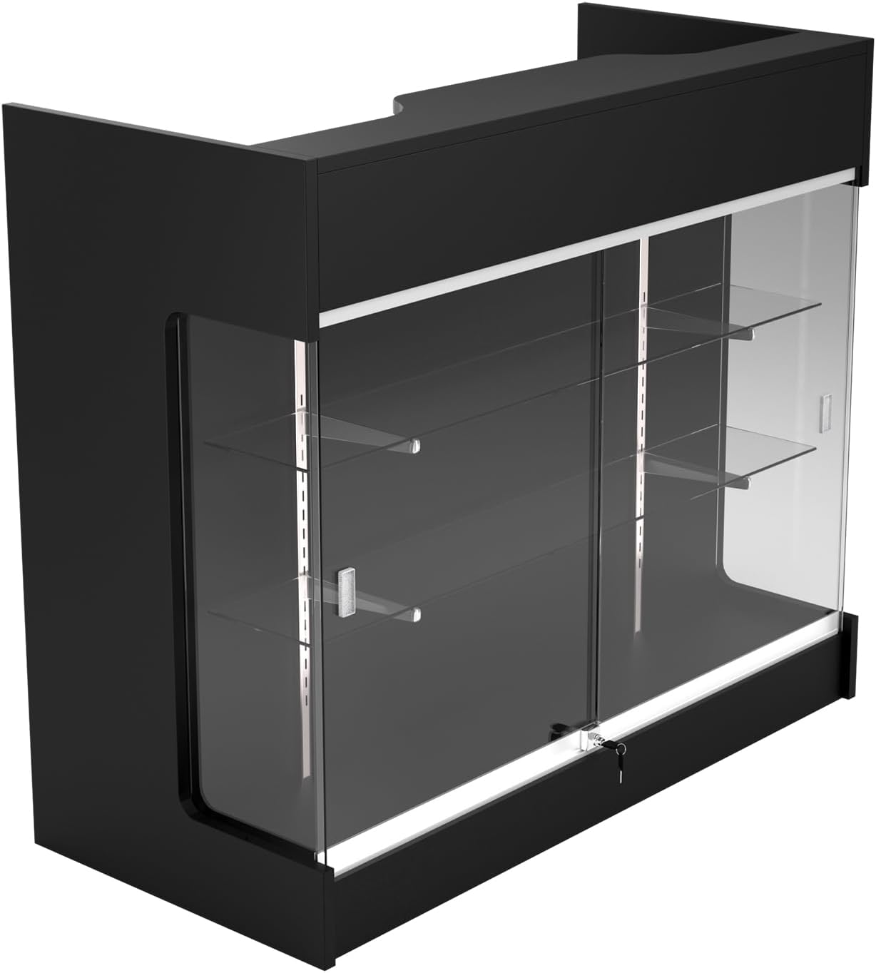 48" W x 22" D x 42" H - Retail Sales Counter with Adjustable Glass Shelves, Tempered Glass, Black Laminated Particle Board, Locking Drawers