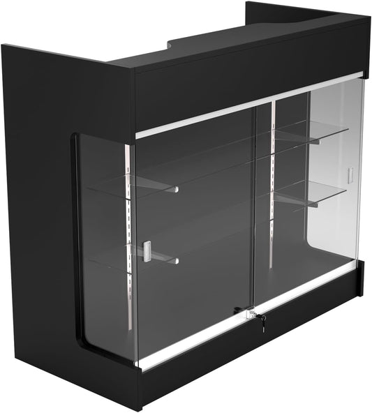 48" W x 22" D x 42" H - Retail Sales Counter with Adjustable Glass Shelves, Tempered Glass, Black Laminated Particle Board, Locking Drawers