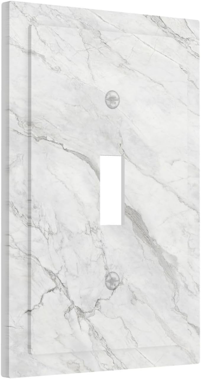 Decorative Light Switch Cover Marble Granite White And Grey 1 Gang Single Toggle Decorator Outlet Wall Plate Device Electrical Faceplate Switchplates for Home Bedroom Decor