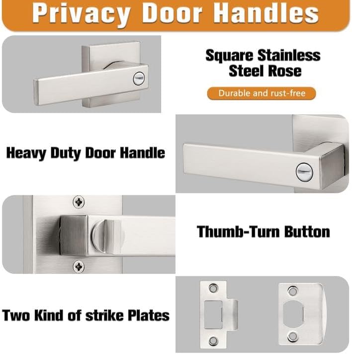 Probrico Interior Brushed Nickel Door Handle, Heavy Duty, Flat Square Privacy Door Handles, Keyless Door Levers Lockset for Bedroom and Bathroom (6 Pack, Modern)