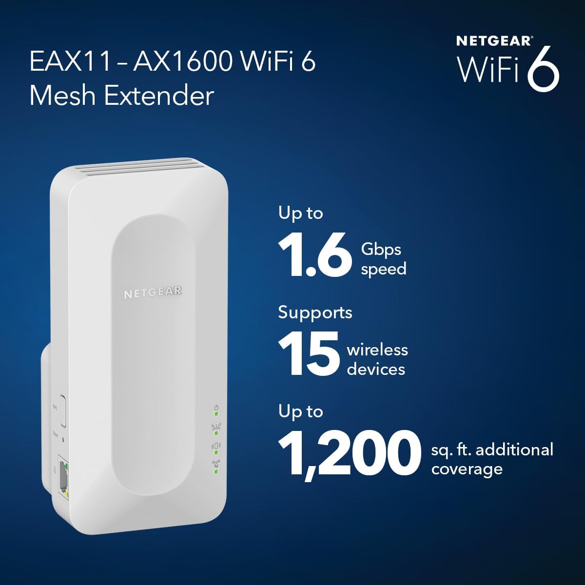 NETGEAR WiFi 6 Mesh Range Extender (EAX11) - Add up to 1,200 sq. ft.,15 Devices with AX1600 Dual-Band Wireless Signal Booster & Repeater (up to 1.6 Gbps Speed), WPA3 Security, One WiFi Name
