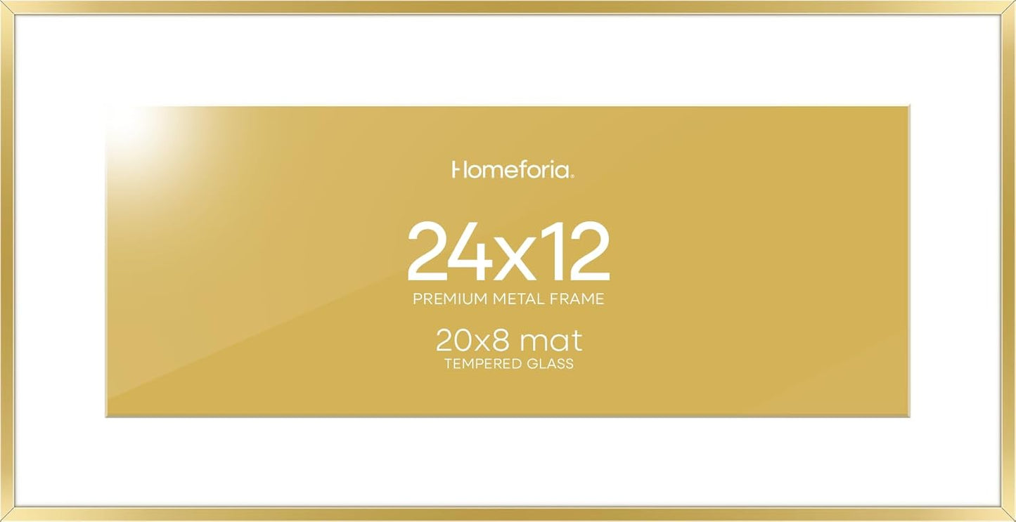 Homeforia 12x24 Picture Frame Gold, High End Metal 12x24 Poster Frames with Mat 8x20 inch Photo, 12 x 24 Gold Frames Matted to 8 by 20 Print, 24x12 Panoramic Frames, Tempered Glass, Wall Kit, Set of 1