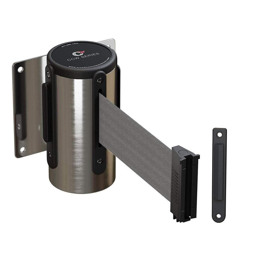 Crowd Control Warehouse - CCW Series WMB-120 Fixed Wall Mount Retractable Belt Barrier - 11 Foot, Light Grey Belt with Stainless Steel Case