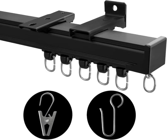 Ceiling Mount Curtains Track Room Divider Privacy Partition Separator Curtain Tracks Rods Heavy Duty RV Shower Outdoor Rail Clip Hook Set, Black 3-6ft