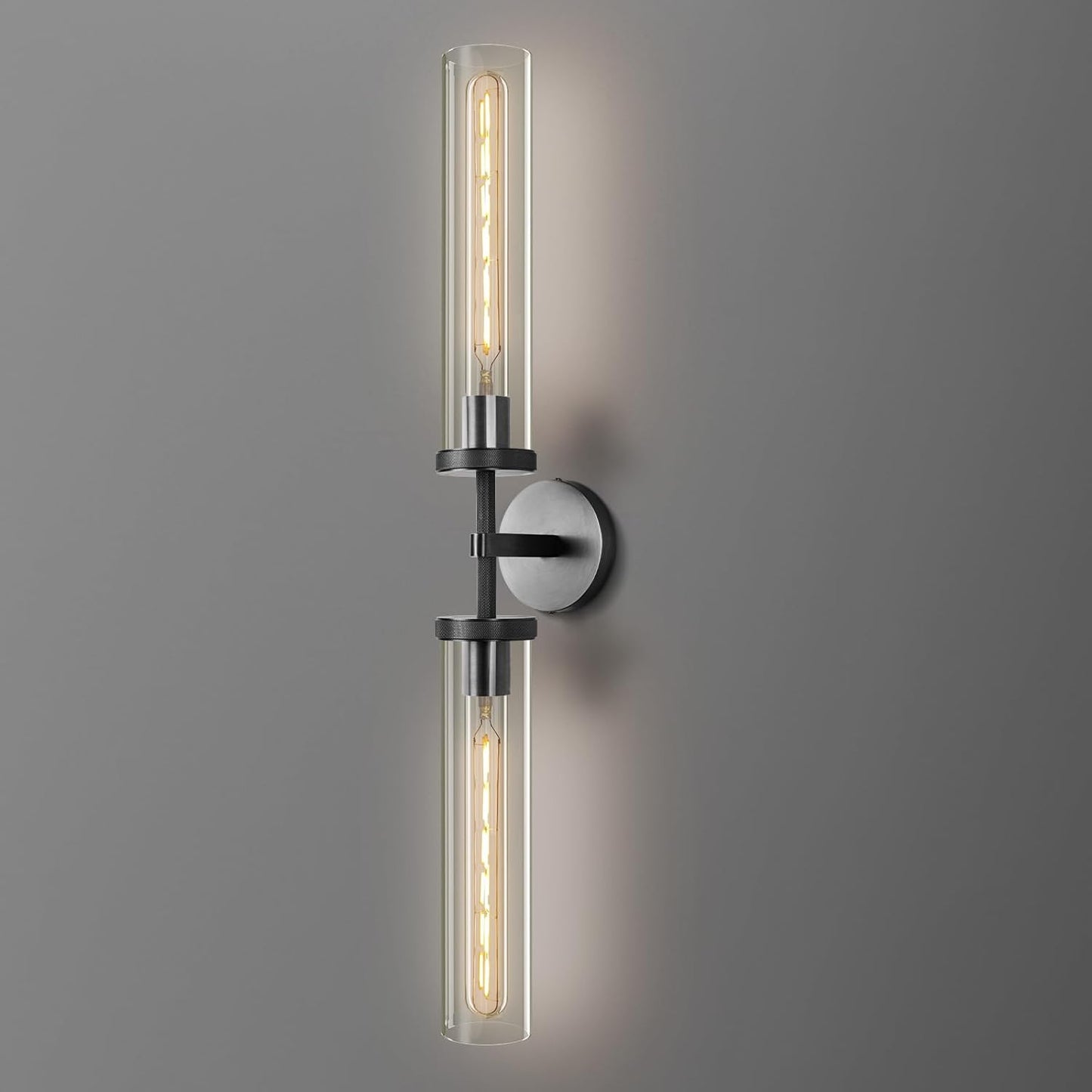 Black Wall Sconce, 30" Modern Knurled Wall Lighting with 2 Clear Glass Tubes, Double Vanity Light Fixture, Bathroom Wall Lamp, Bedroom, Living Room, Hallway Lighting, Hardwired (Including Bulb)
