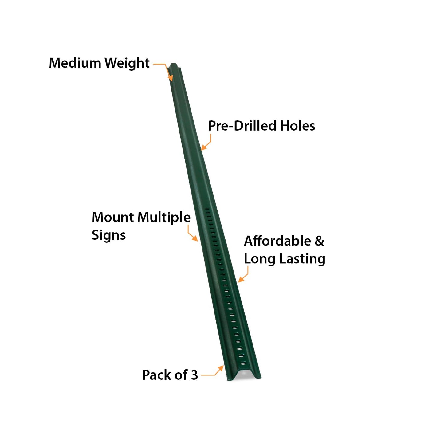 SmartSign U-Channel Sign Post, Medium Weight | 6' Tall Baked Enamel Steel Post - Pack of 3