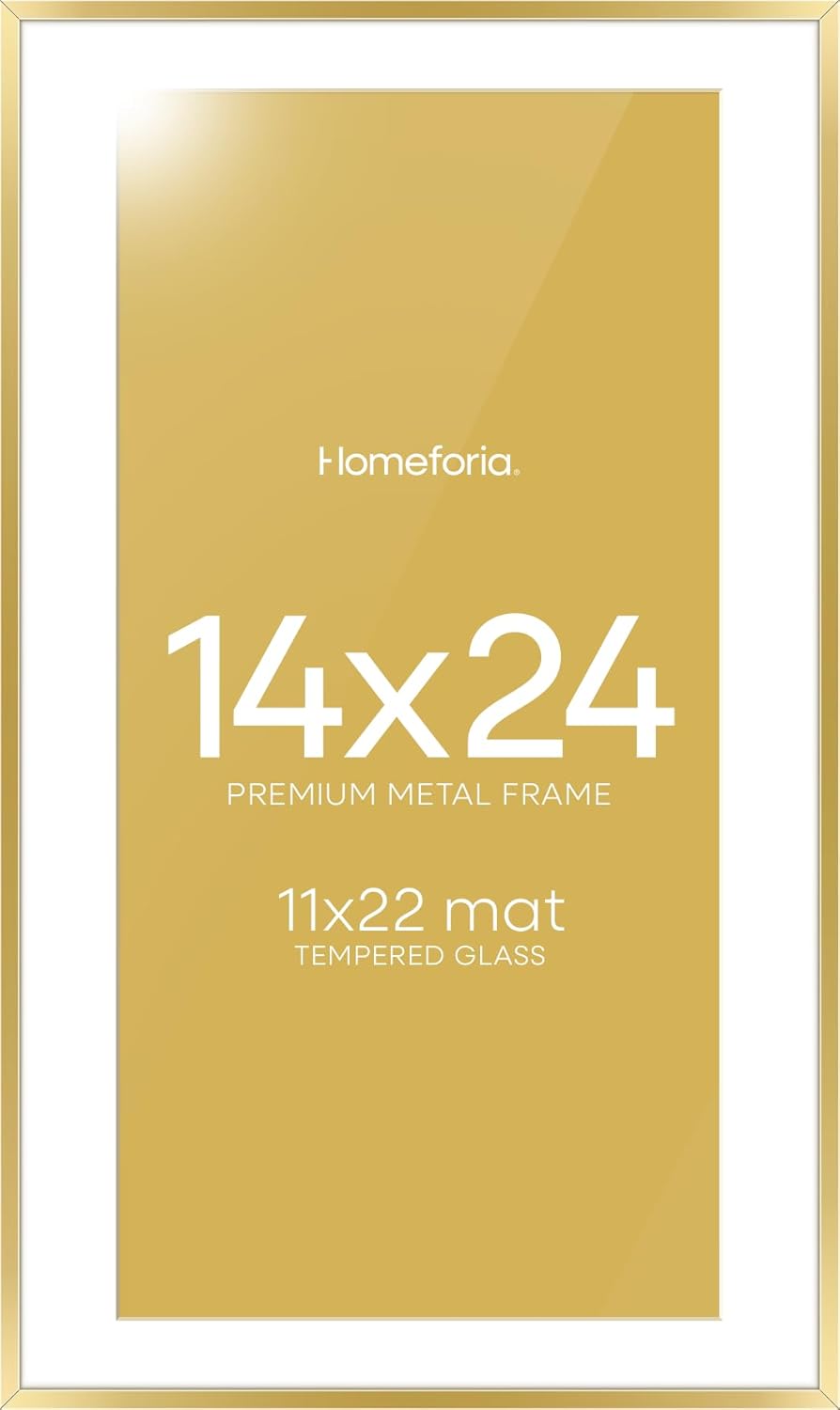 Homeforia 14x24 Picture Frame Gold, High End Metal 14x24 Poster Frames with Mat 11x22 Photo, 14 x 24 Gold Frame Matted to 11 by 22 Print, 24by14 Thin Hanging Frames, Tempered Glass, Wall Kit, Set of 1