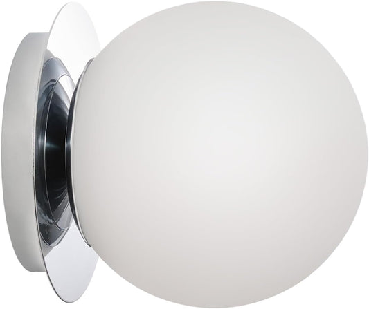 Modern Glass Globe Wall Sconce: Chrome Single Light with Milk Glass Shade - Minimalist Spherical Vanity Sconces over Mirror - Contemporary Ball Wall Lights Fixtures for Entryway Bulb Not Included