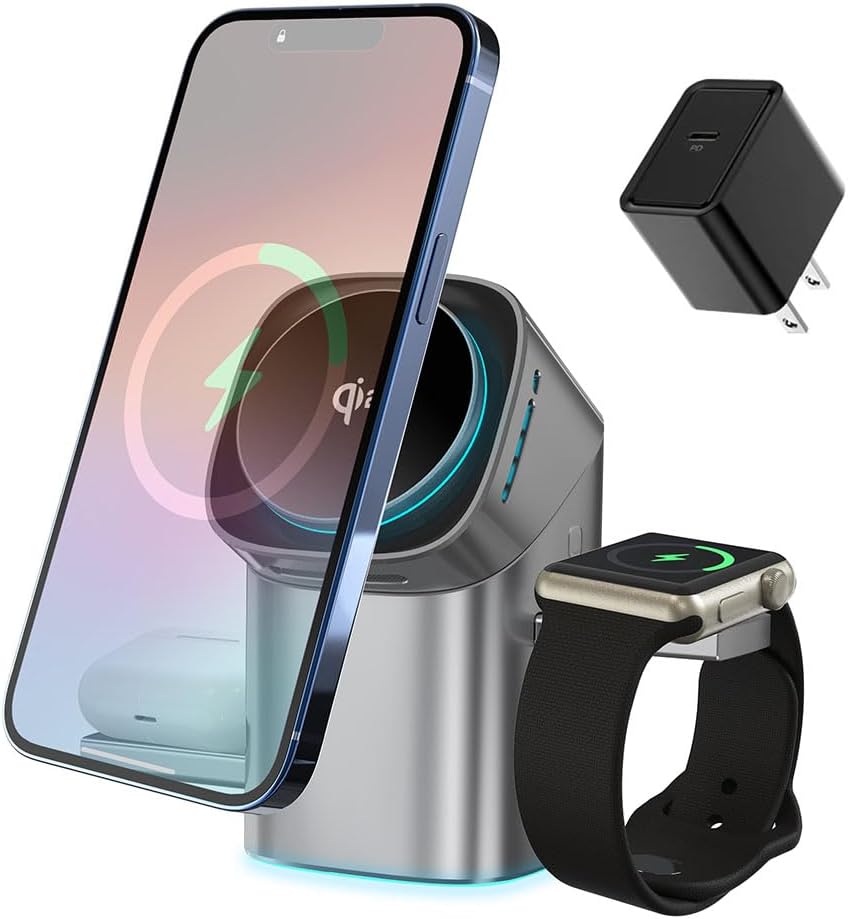 3 in 1 Wireless Charging Station for iPhone 17/16/15/14/13/12 Pro Max, Qi 2 Certified 15W Fast Magnetic Charger Stand for Magsafe Phone, AirPods, Smart Watch (Grey Color)