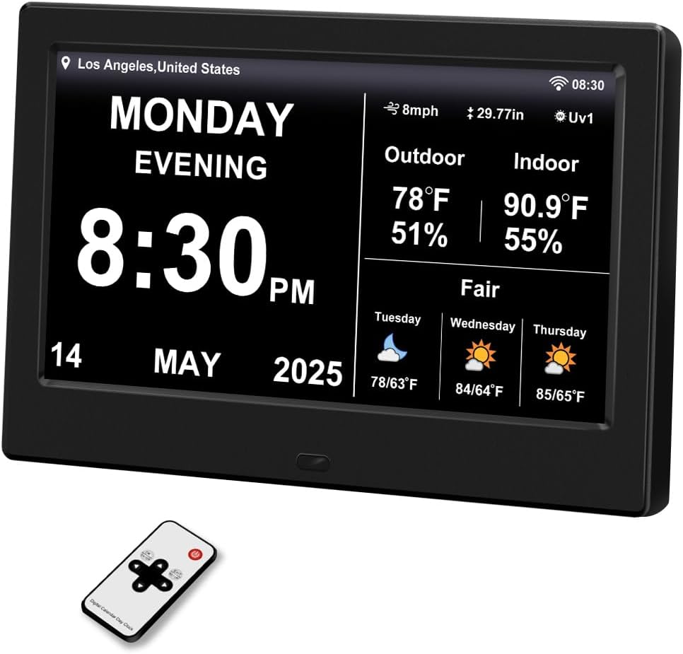 2025 Digital Clock with Weather Forecast & Temperature/Humidity Large Display, Auto Time Sync,Custom Alarms & Medication Reminders, Elderly Memory Loss (Black, 7-Inch)