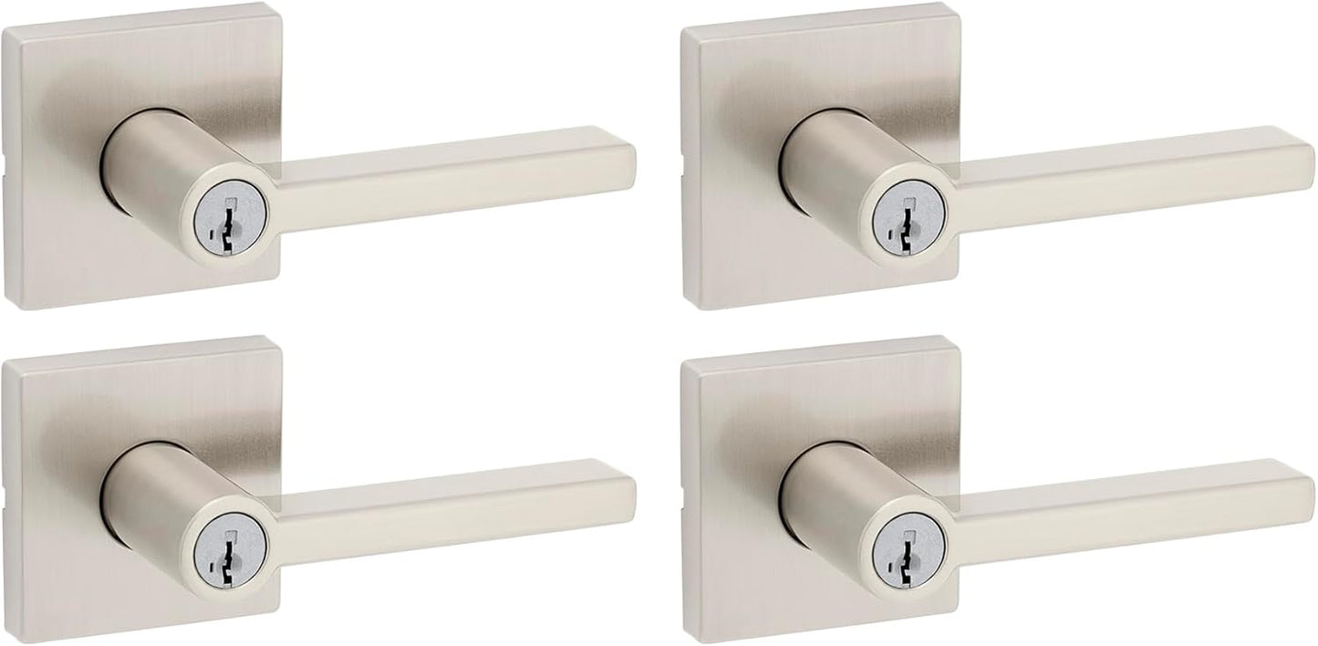Kwikset Halifax Entry Door Handle with Lock and Key, Secure Keyed Reversible Lever Exterior, for Front Entrance and Bedrooms, Satin Nickel, 4 Pack, Pick Resistant SmartKey Rekey Security and Microban