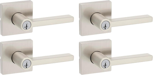Kwikset Halifax Entry Door Handle with Lock and Key, Secure Keyed Reversible Lever Exterior, for Front Entrance and Bedrooms, Satin Nickel, 4 Pack, Pick Resistant SmartKey Rekey Security and Microban