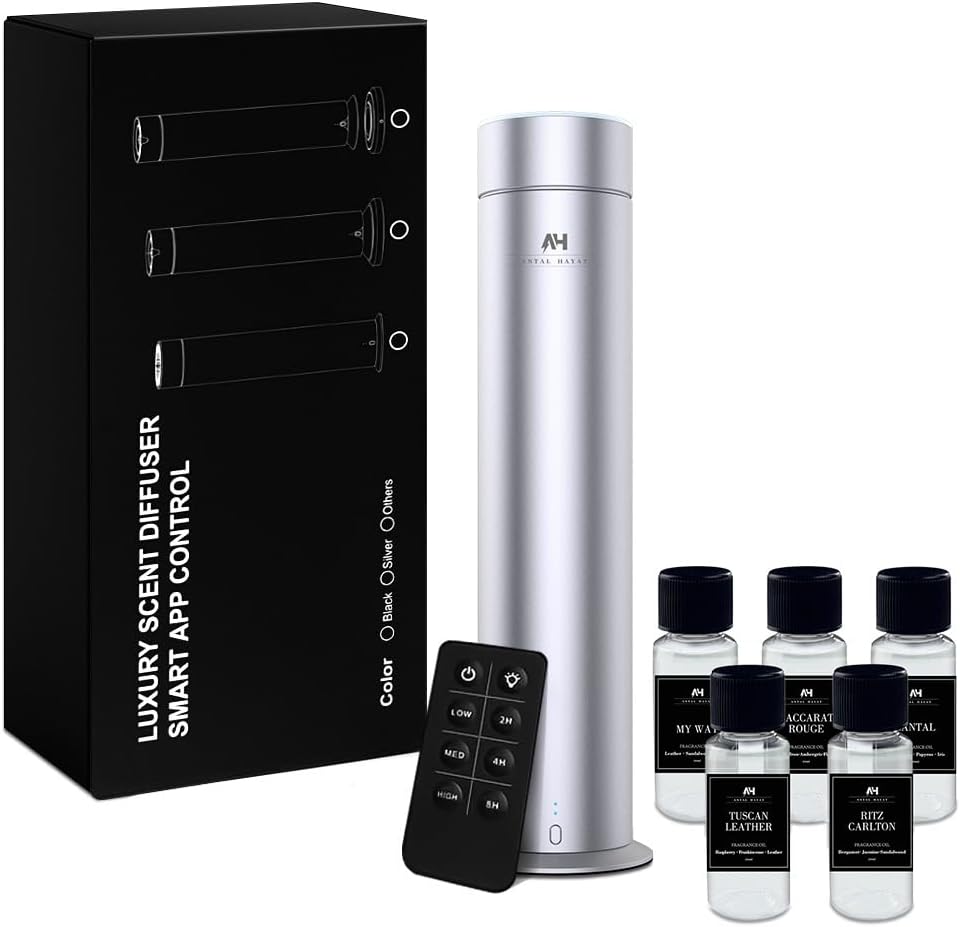 Waterless Fragrance Oil Diffuser - Rechargeable App Control Diffuser for Essential Oil - Home Luxury Scents Refill - 1200 sq. ft Coverage - Hotel Scents Starter Kit - Antal Hayat Hotel Scents