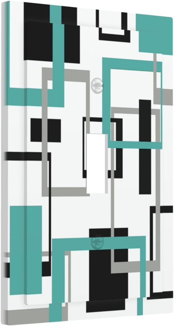 Geometric Turquoise Black Gray Modern Abstract Boho Decorative Light Switch Cover 1 Gang Single Toggle Device Electrical Faceplate Switchplates Decorator Outlet Wall Plate for Office Nursery Decor