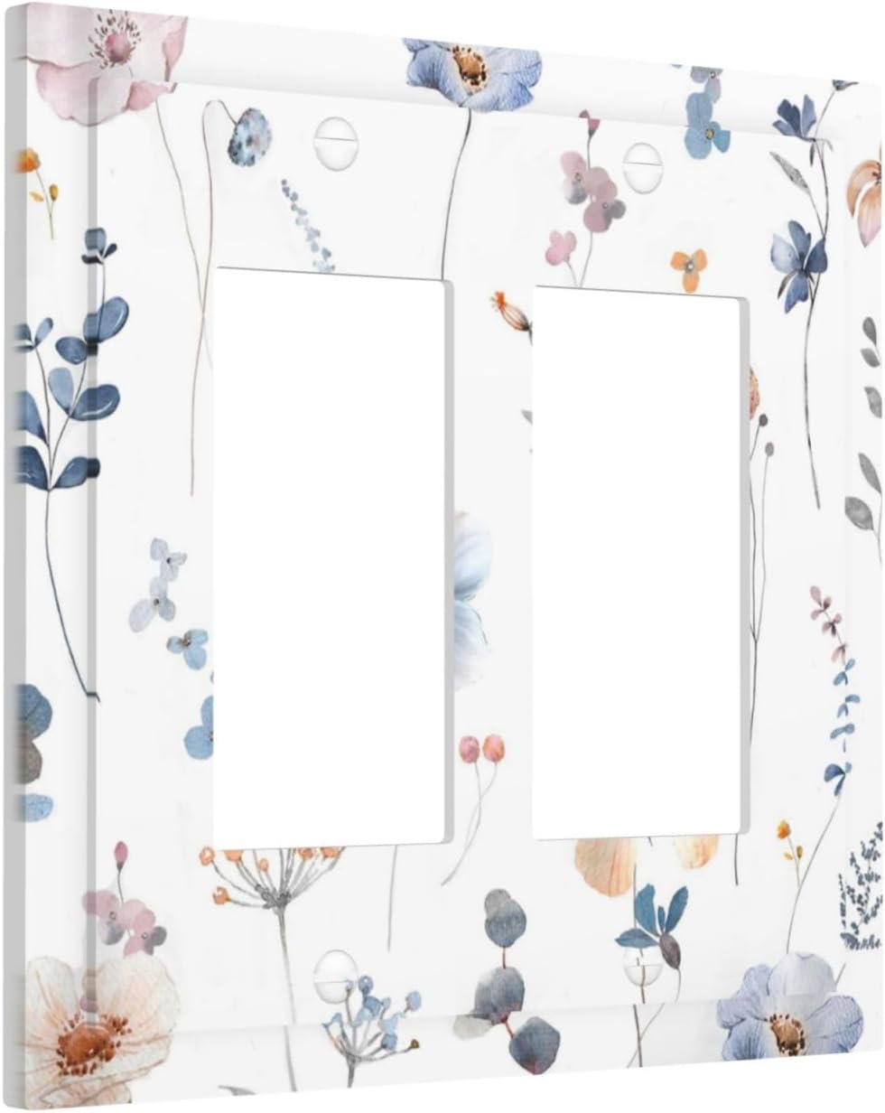 Wildflowers Plant Leaves Floral Berry Decorative Outlet Covers 2 Gang Double GFCI Rocker Electrical Wall Panels Light Switch Cover Plate for Bed Room Living Room Decor
