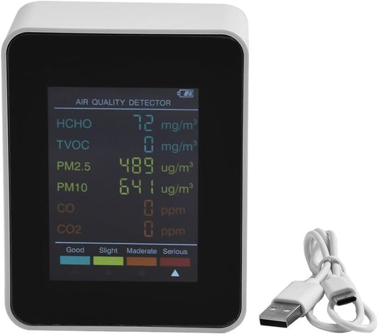 6 in 1 Air Quality Monitor PM2.5 PM10 HCHO Formaldehyde Detector Temperature Humidity Meter with Color Display Portable Indoor Air Tester