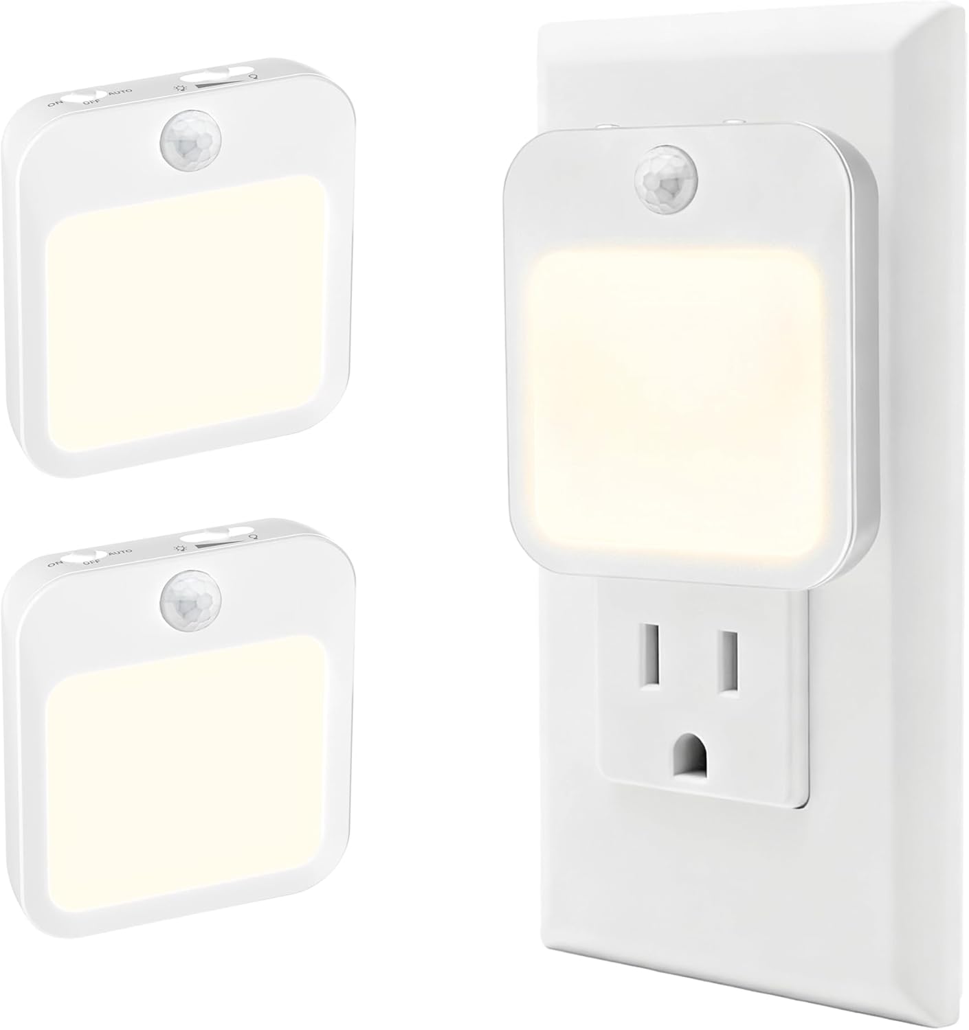 Plug-in Night Light with Motion Sensor, Dusk-to-Dawn Light Sensor, Stepless Dimming LED Night Lights for Bedroom, Hallway, Bathroom, Kids Room, Energy Efficient, 2-Pack