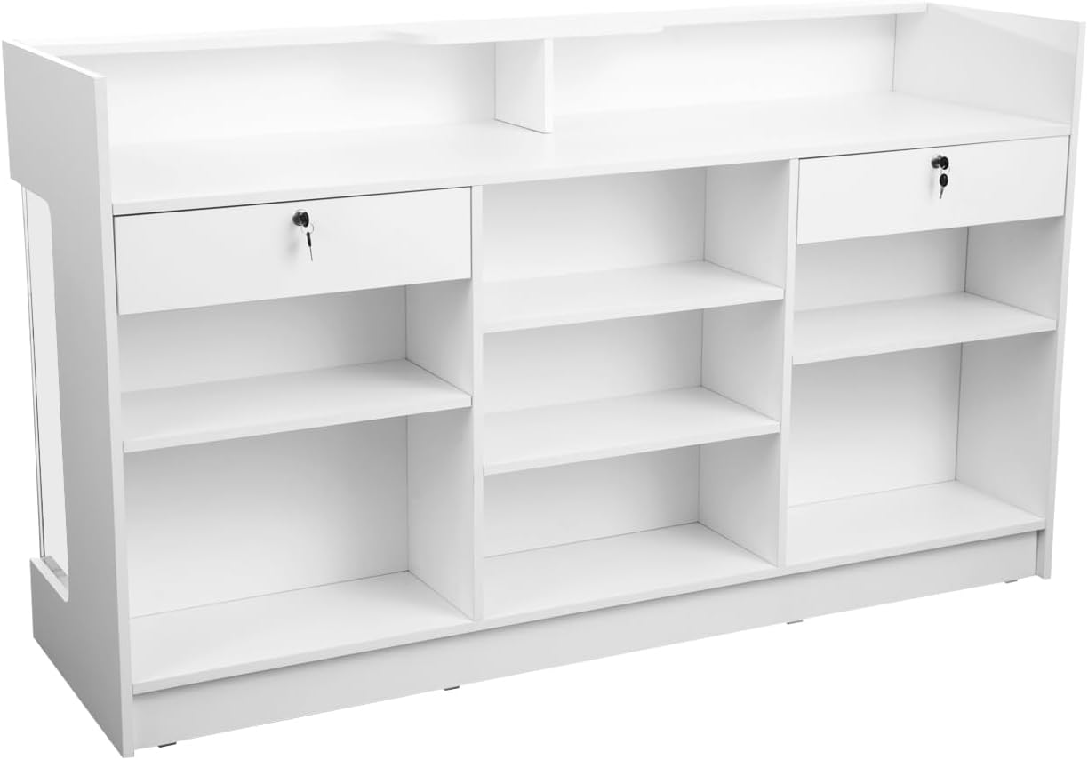 72" W x 22" D x 42" H - Ledgetop Checkout Counter with Glass Showcase View Front, White Wooden Cash Register Stand with Showcase,Retail Glass Display Cabinet Counter
