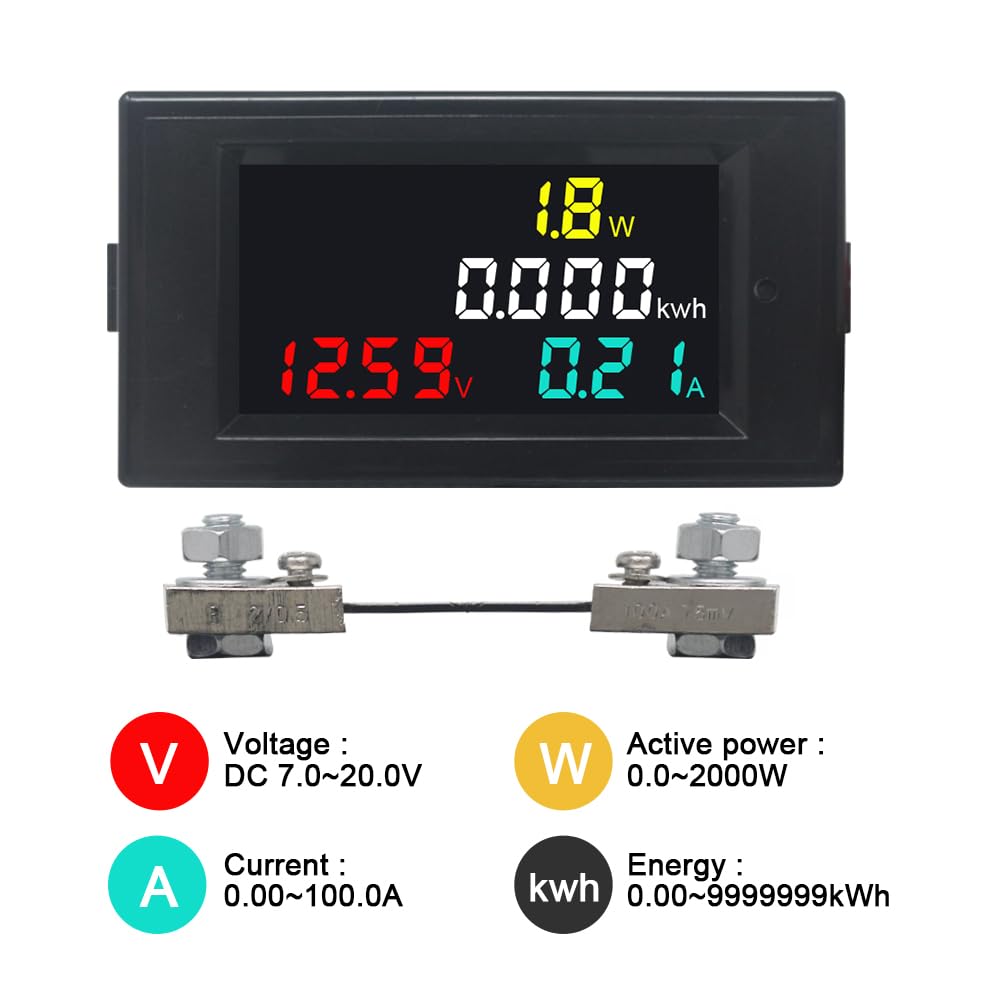 KETOTEK Voltmeter Ammeter DC 7-20V 100A Digital Watt Volt Meter Multimeter Panel Power Energy Monitor DC Voltage Current Meter with 100A Shunt