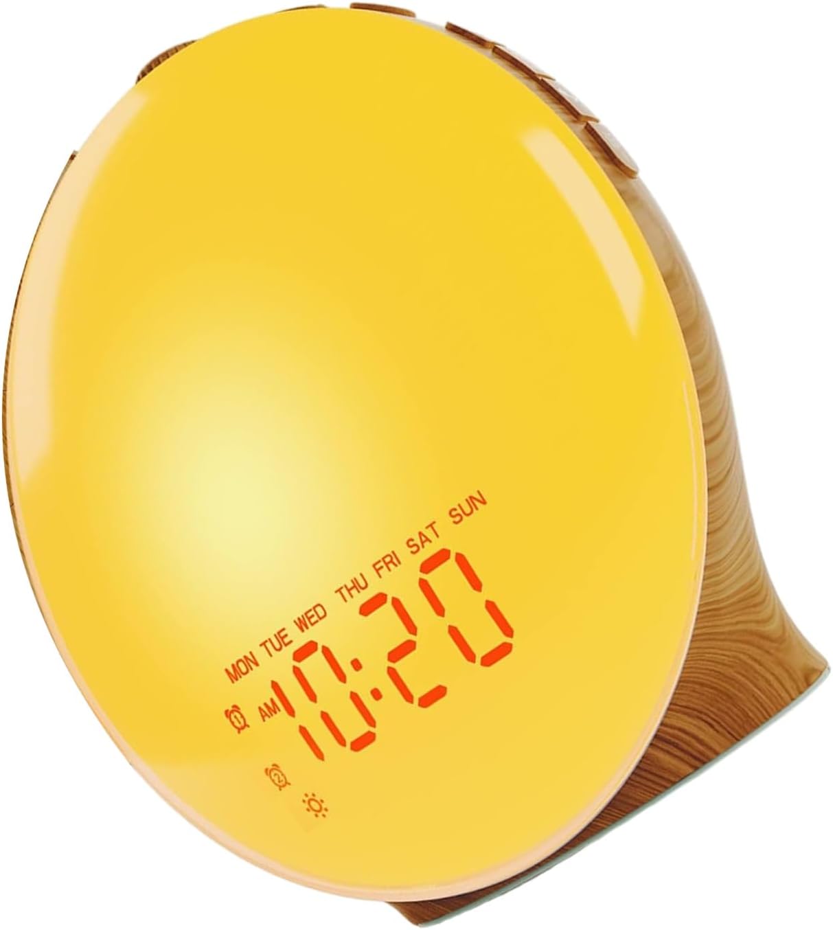 Full Screen Wood Grains Wake Up Lamp with Soft LED Lighting and Color Sunrises Simulation Digital Alarm Clock