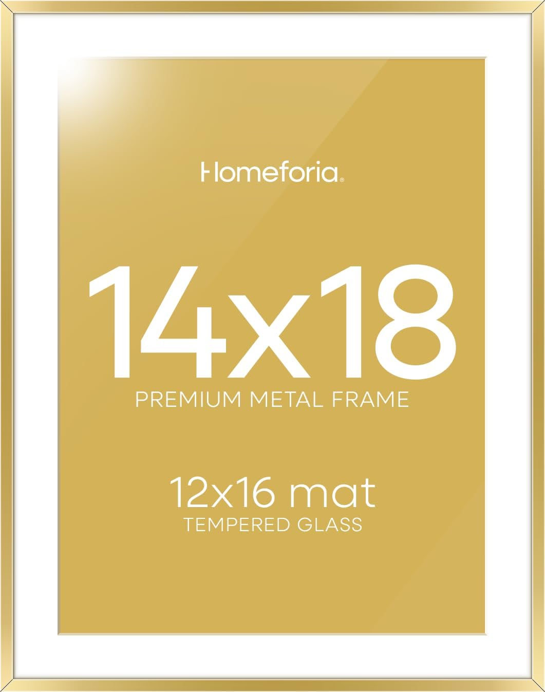 Homeforia 14x18 Picture Frame Gold, High End Metal 14x18 Poster Frames with Mat 12x16 Photo, 14 x 18 Gold Frame Matted to 12 by 16 Print, 18by14 Thin Hanging Frames, Tempered Glass, Wall Kit, Set of 1