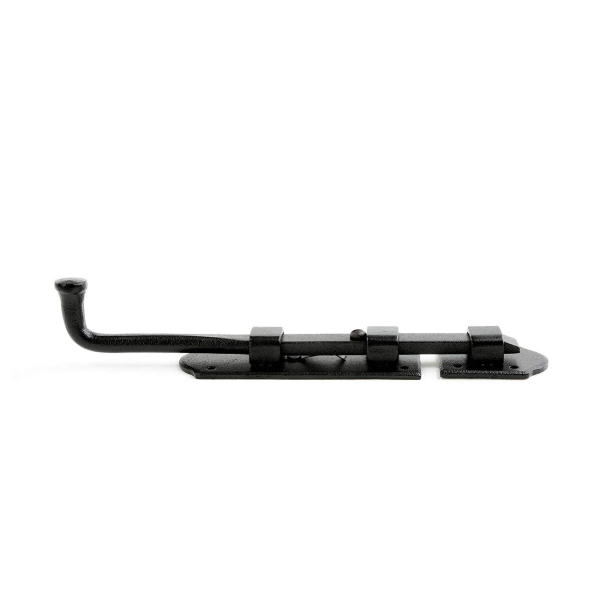 Renovators Supply Manufacturing Black Slide Bolt Door Latch 9 in. Long Black Iron Metal Sliding Bolts with Catch for Cabinet, Barn Doors Or Fence Rust Resistant Security Locks with Hardware Pack of 4
