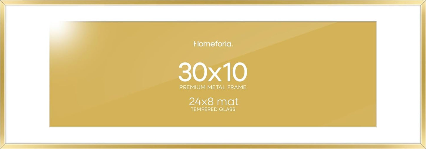 Homeforia 10x30 Picture Frame Gold, High End Metal 10x30 Poster Frames with Mat 8x24 inch Photo, 10 x 30 Gold Frames Matted to 8 by 24 Print, 30x10 Panoramic Frames, Tempered Glass, Wall Kit, Set of 1