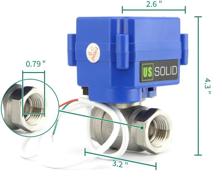 U.S. Solid Motorized Ball Valve- 3/4" Stainless Steel Ball Valve with Full Port, 9-24V AC/DC and 2 Wire Auto Return Setup