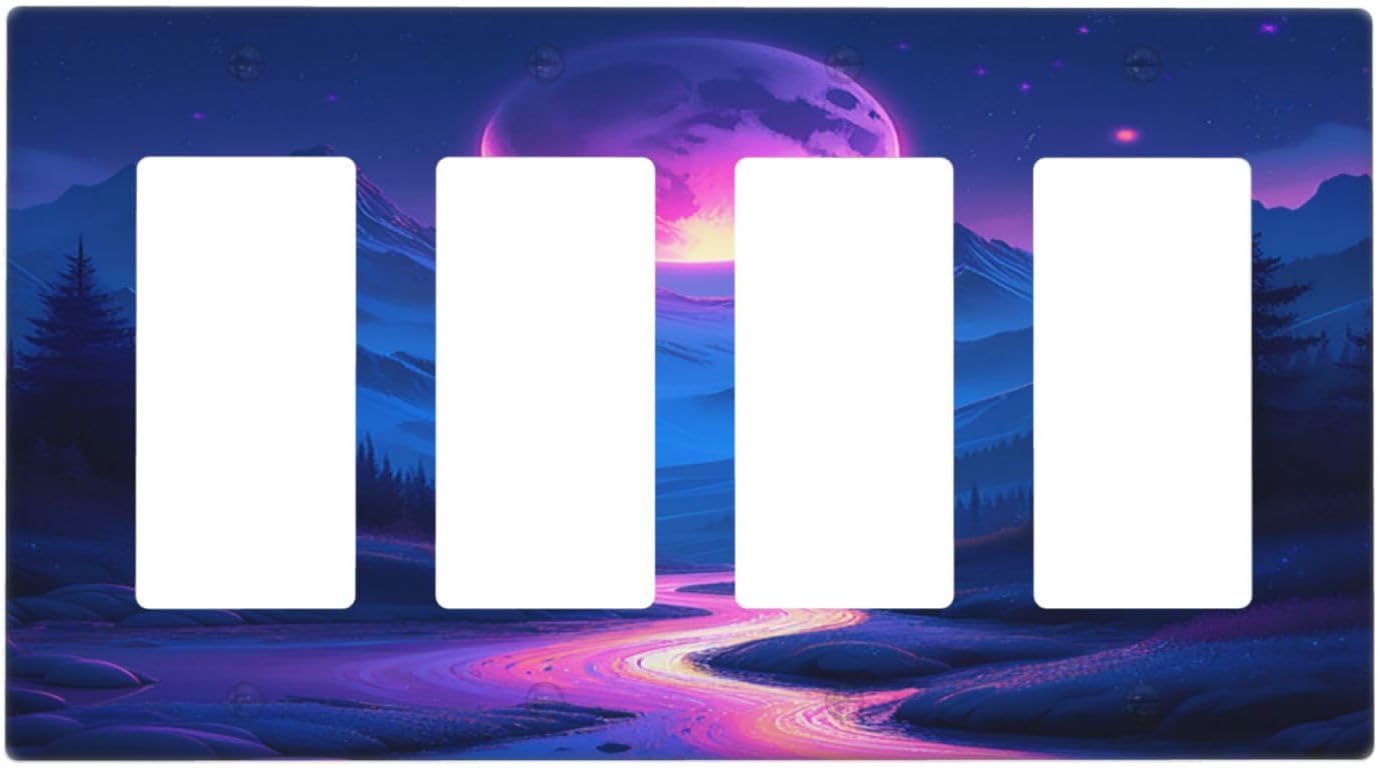 Purple Cyberpunk River Full Moon Mountain Forest Wallplates 4 Gang Quad Rocker Decorative Light Switch Covers Electrical GFCI Faceplate Switch Plate for Bedroom Bathroom Decor