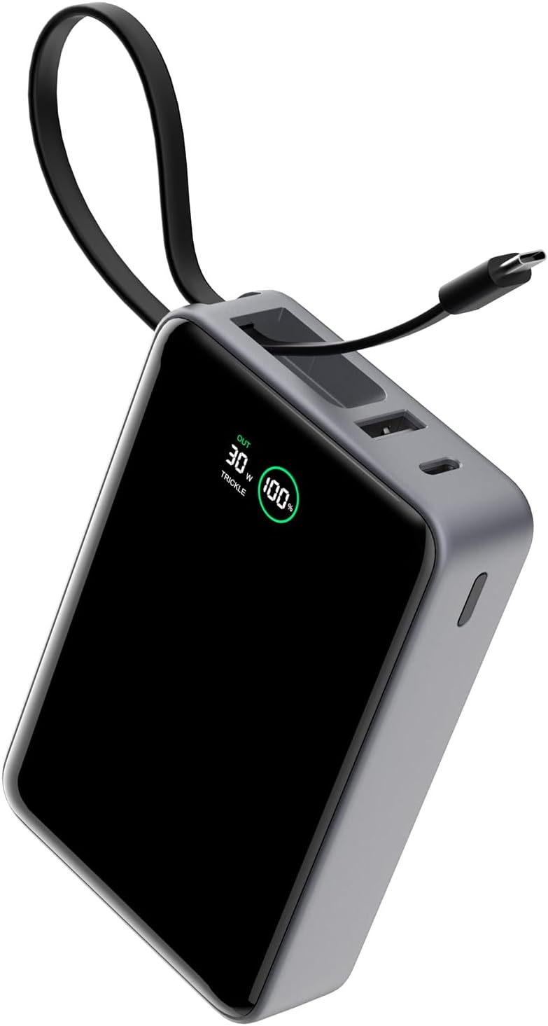Portable Charger 20000mAh,30W PD3.0 and QC4.0 Fast Charging Type C Power Bank,Built in Cable Phone Battery Pack Compatible with iPhone 17 16 15 Samsung Google iPad Laptop etc