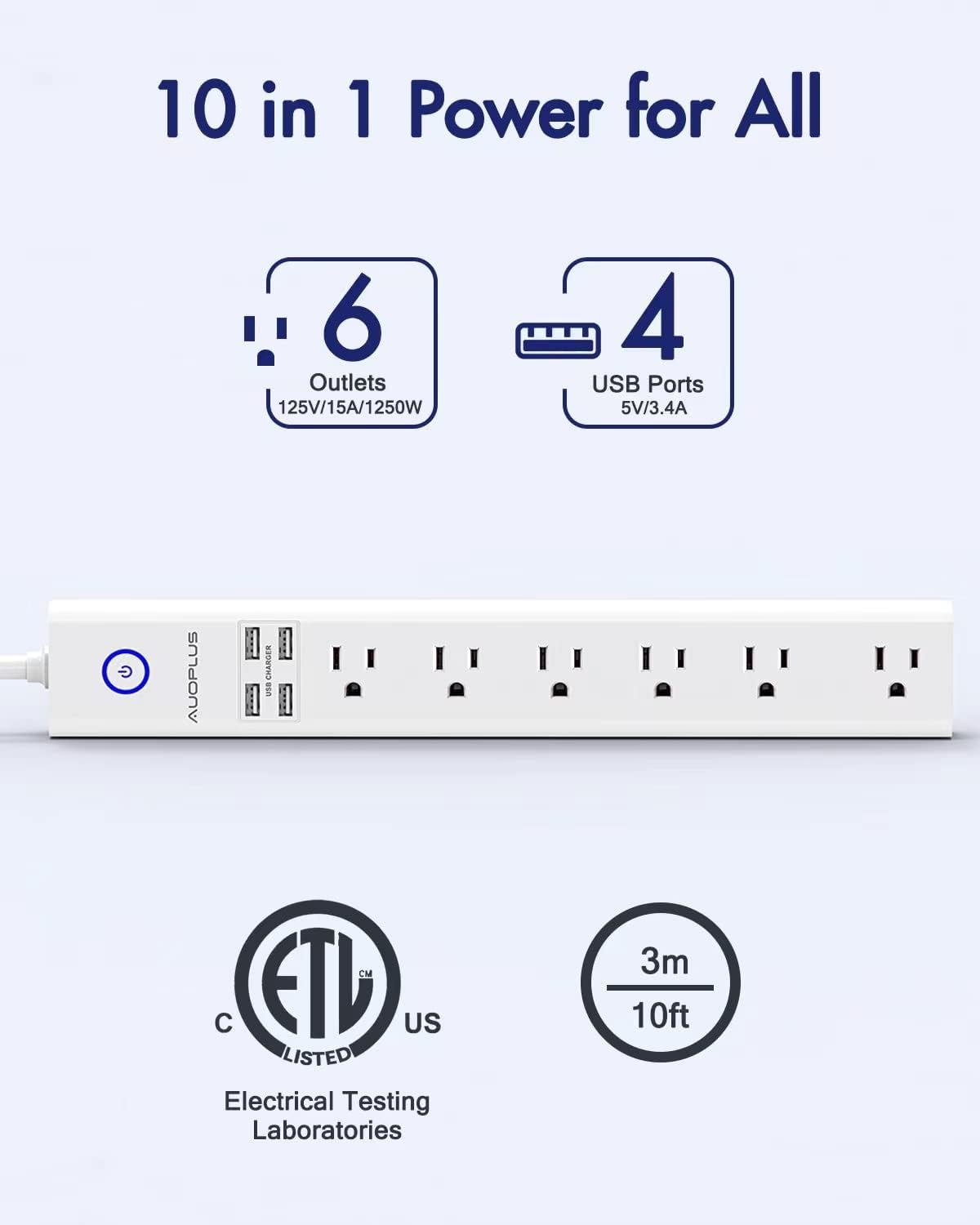 2 Pack Surge Protector Power Strip - 10FT Long Extension Cord with Multiple Outlets, 6 Widely Outlets 4 USB Charging Ports, Flat Plug Overload Surge Protection, Wall Mount for Home, Office ETL Listed