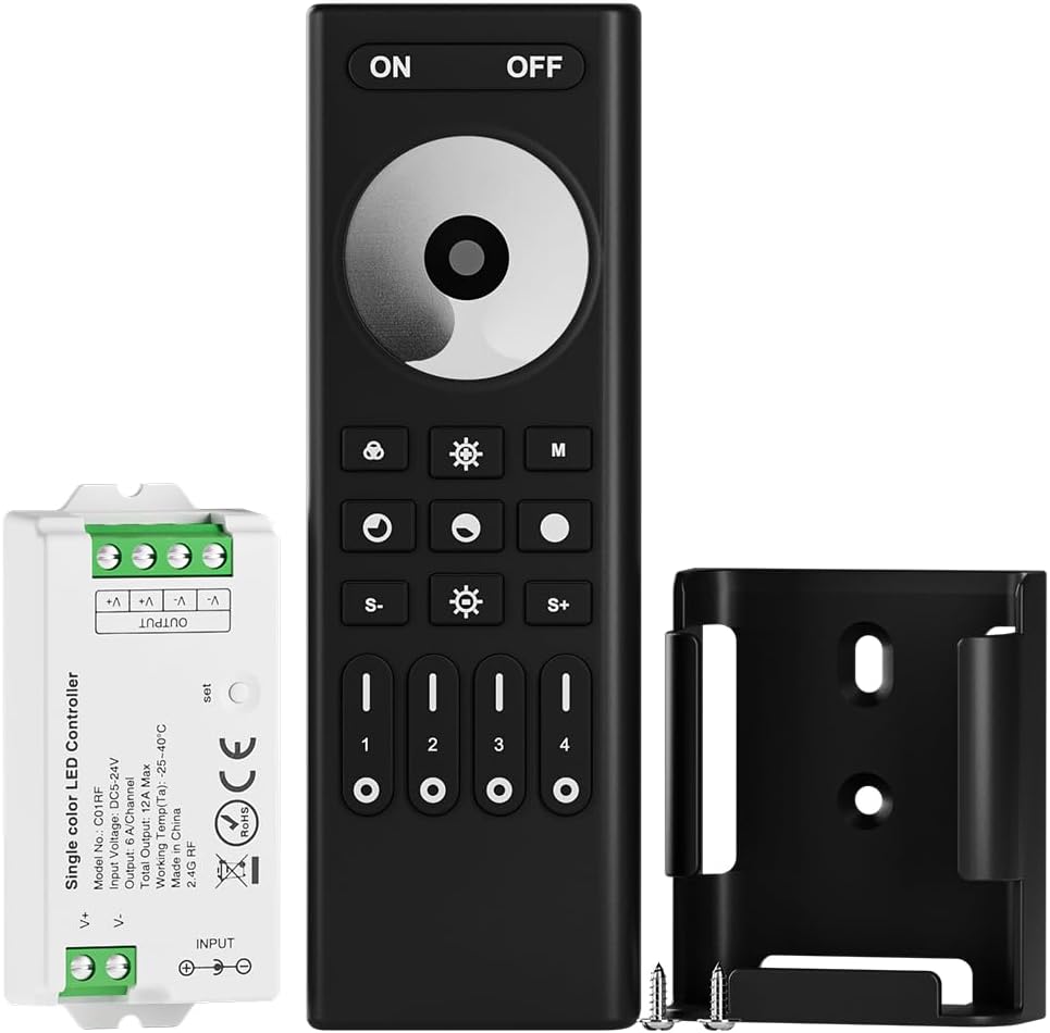 BTF-LIGHTING 5050SMD FCOB COB Dimming RF 2.4GHz Wireless Remote RC01RFB & C01RF Tuya Controller Kit 4 Zones Group Control PWM Single Color (+V -V) 2pin LED Strip Neon Rope Light DC5V DC12V DC24V