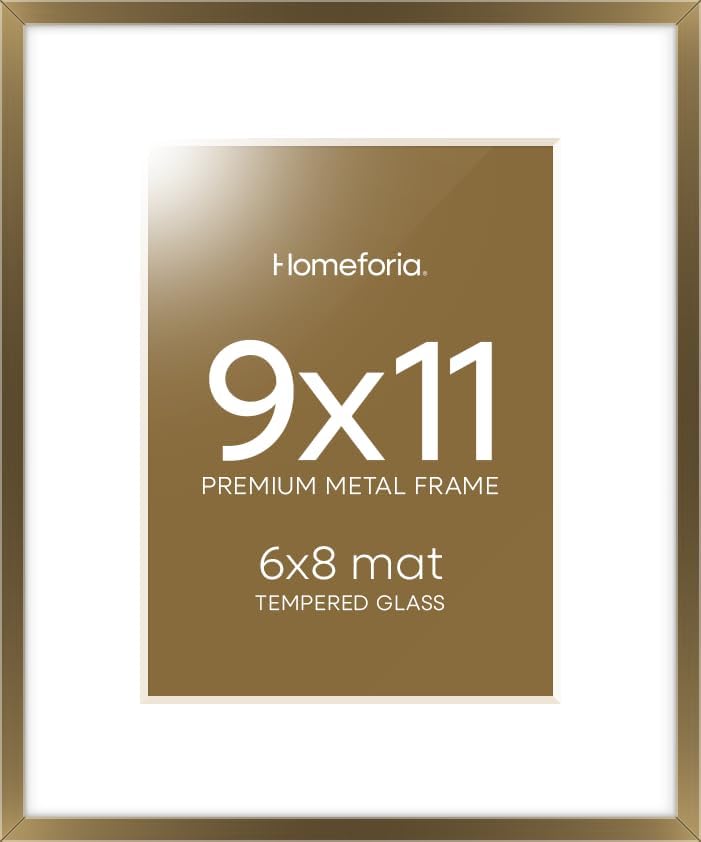 Homeforia 9x11 Frame Bronze, High End Metal 9 x 11 Brass Picture Frames with Mat for 6 by 8 in Photo, 9by11 Poster Frame Matted to 6x8, 11x9 Wall or Tabletop Frames, Tempered Glass, Wall Kit, Set of 1