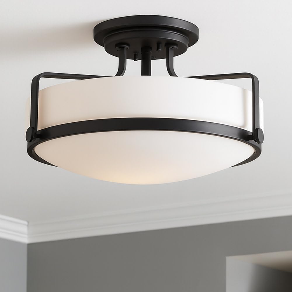 Hinkley Harper 3643BK Large Semi-Flush Ceiling Light - Sleek, Retro Style - Black + Etched Opal Glass