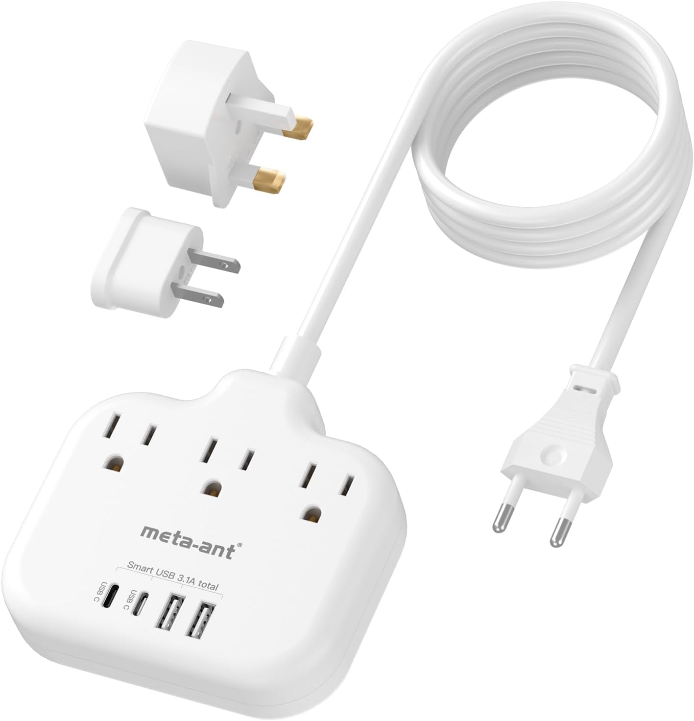 European Travel Plug Adapter, International Power Adapter, US to UK Europe Power Strip for EU/UK/US with 3 AC Outlets & 4 USB(2 USBC), 5ft Extension Cord, Type C for EU UK Europe Germany France, White