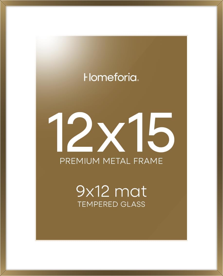 Homeforia 12x15 Picture Frame Bronze, High End Metal 12x15 Brass Poster Frames with Mat 9x12 Photo, 12 x 15 Bronze Frame Matted to 9 by 12 Print, 15by12 Thin Frames, Tempered Glass, Wall Kit, Set of 1