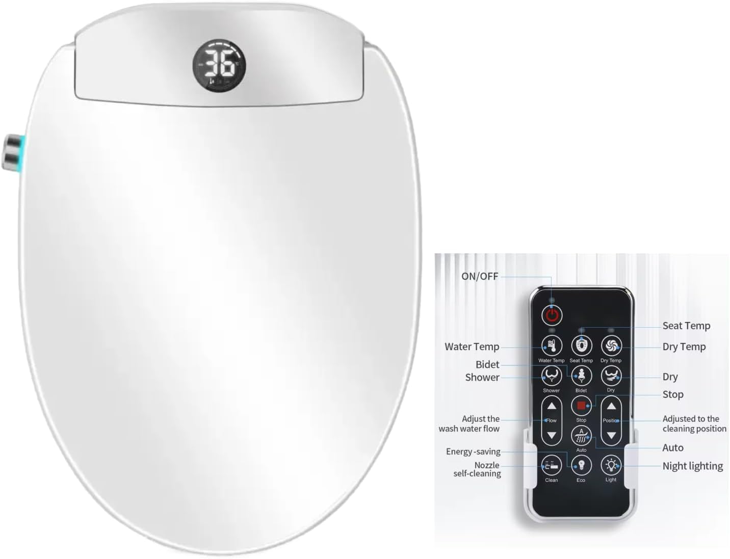Electric Bidet Toilet Seat, Filtered & Unlimited Warm Water, 8 Modes Spa Wash, Warm Air Dryer, Heated Seat, Self-Clean Stainless Steel Nozzle, HD Night Light. 10-year warranty. (TB-48E,Elongated)