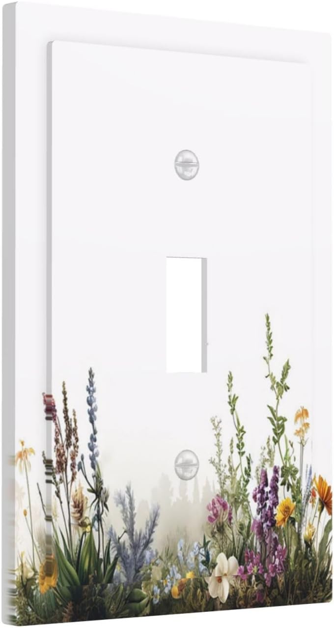 Decorative Light Switch Cover Plate White Background Colorful Flowers Plants Green Leaves 1 Gang Single Toggle Wall Plate Electrical Outlet Covers Decorate Switch Plate Cover for Bedroom Home Decor