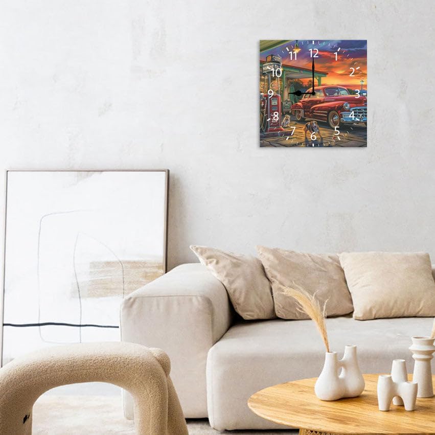 10 in Old Fashioned Gas Station Car -270 Wood Wall Clock – Digital Time Display, Smart Home Compatible for Bedside or Workspace