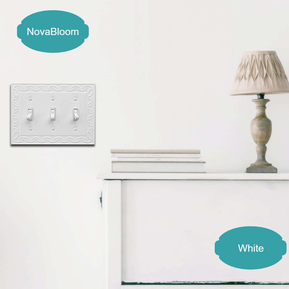 Triple Toggle Light Switch Cover NovaBloom Metal Wall Plate, 2-Pack White 3 Gang, Light Switch Cover Decorative Wallplate, Durable