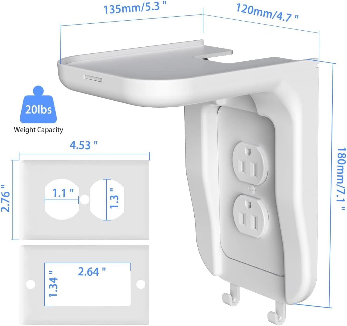 Suptek Wall Outlet Shelf, Home Wall Shelf Organizer for Outlets, Perfect for Bathroom, Kitchen, Bedrooms,Ideal for Cell Phone,Speaker up to 20lbs,with Cable Management and Detachable Hooks,White(S3W)